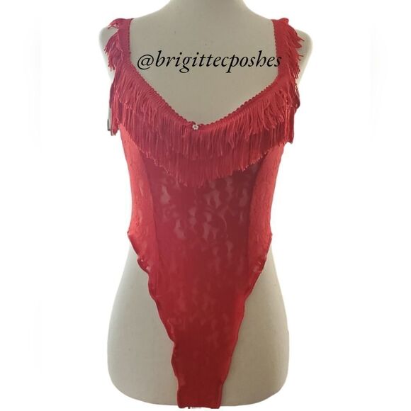 CALIFORNIA DYNASTY Women's Red Lace Fringes G-string Teddy - Picture 1 of 10